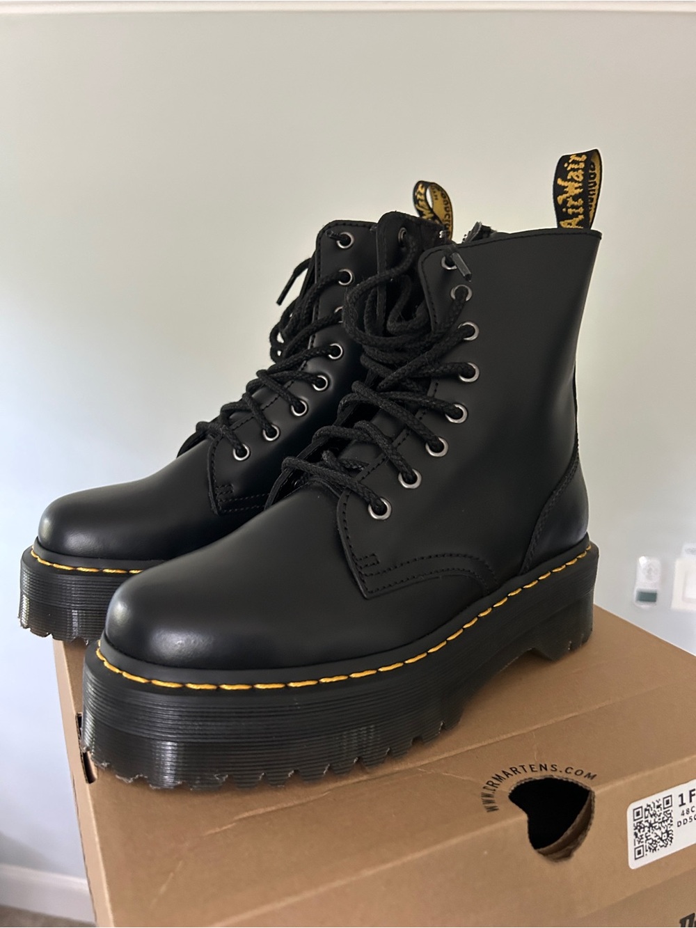 Dr. Martens Black Leather Platform Lace-Up Boots with Yellow Stitching